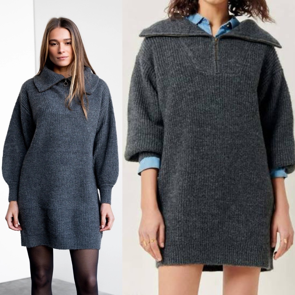NWT Sessun Eireann Sweater Dress Charcoal Gray Large Wool Blend Quarter Zip
